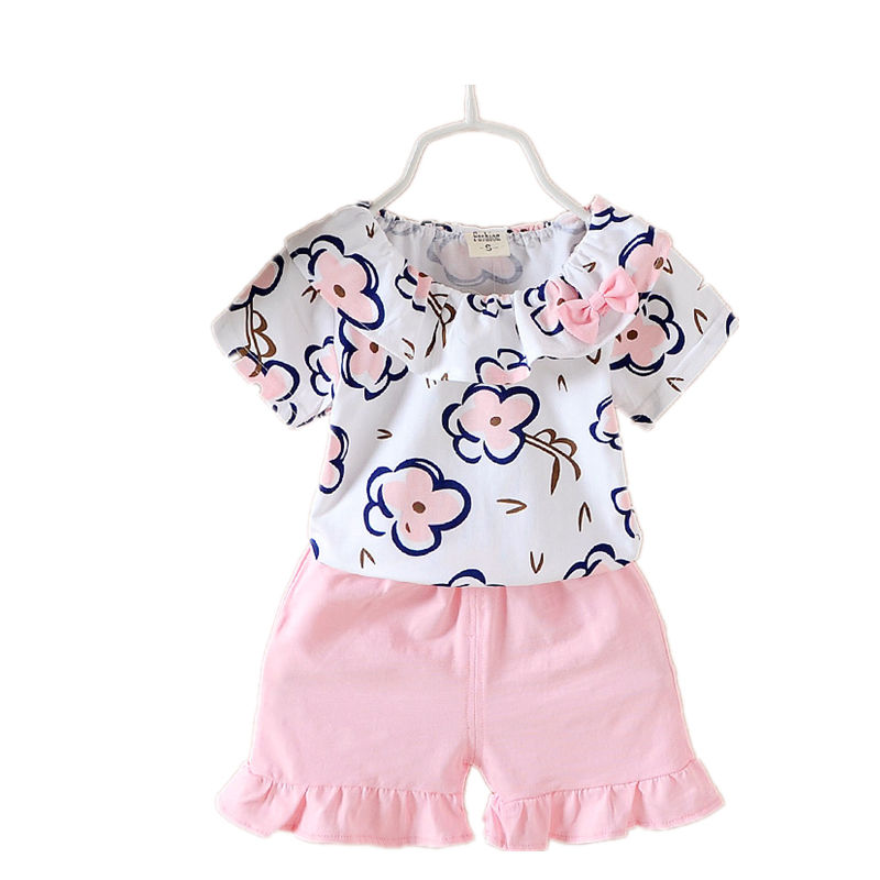 D-baby summer new girls short sleeve shorts flowers two-piece baby sweet suit