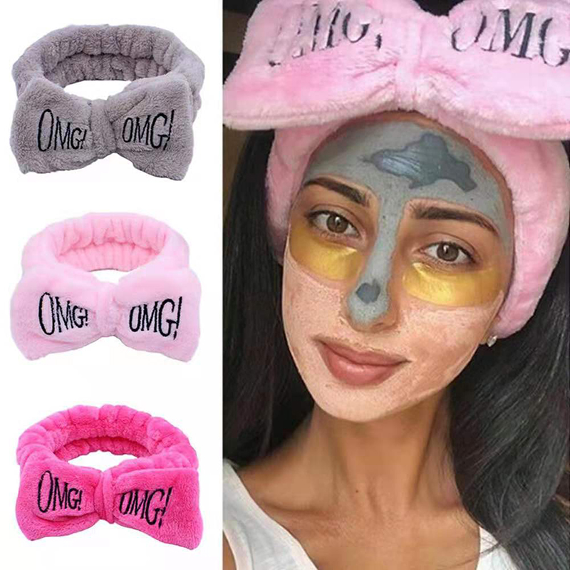D-baby New OMG Letter Coral Fleece Wash Face Bow Hairbands For Women Girls Hair Accessories
