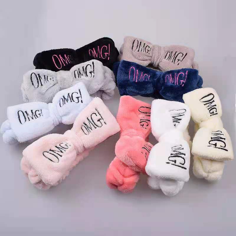 D-baby New OMG Letter Coral Fleece Wash Face Bow Hairbands For Women Girls Hair Accessories