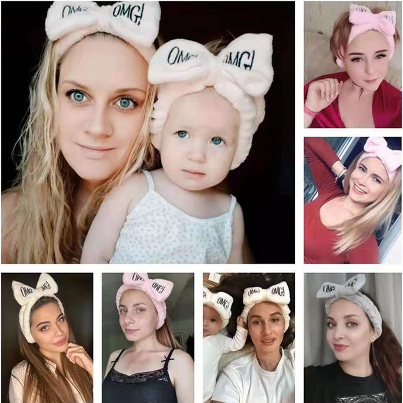 D-baby New OMG Letter Coral Fleece Wash Face Bow Hairbands For Women Girls Hair Accessories