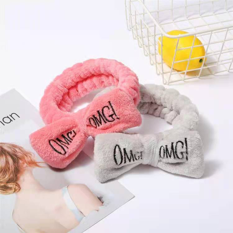 D-baby New OMG Letter Coral Fleece Wash Face Bow Hairbands For Women Girls Hair Accessories