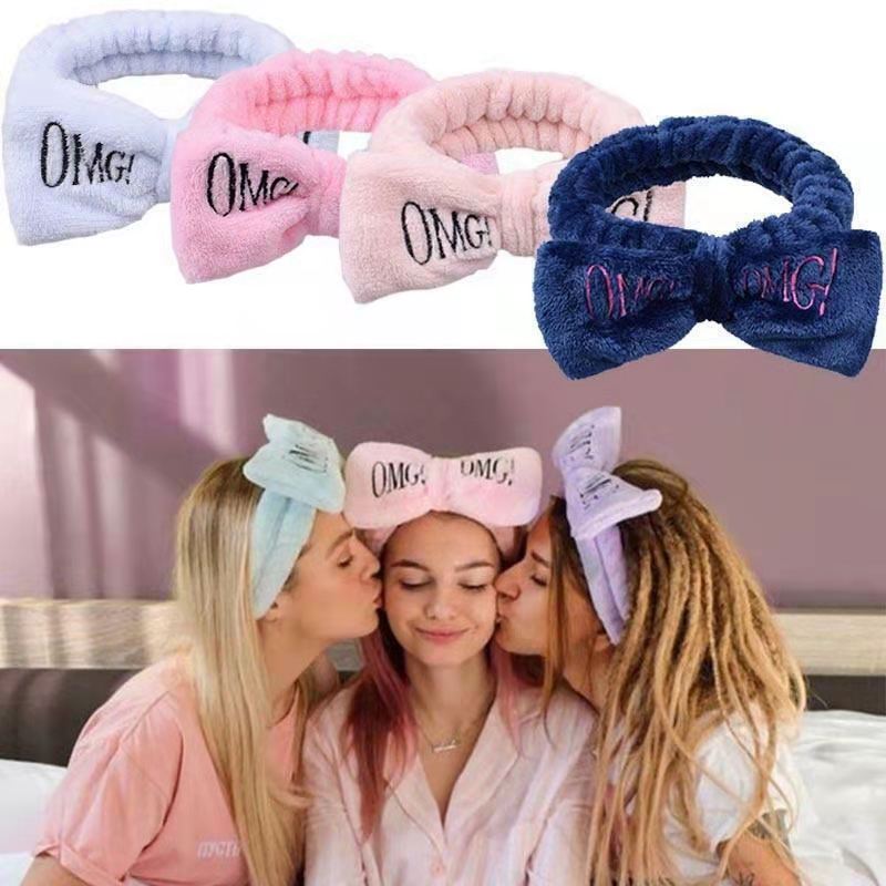 D-baby New OMG Letter Coral Fleece Wash Face Bow Hairbands For Women Girls Hair Accessories
