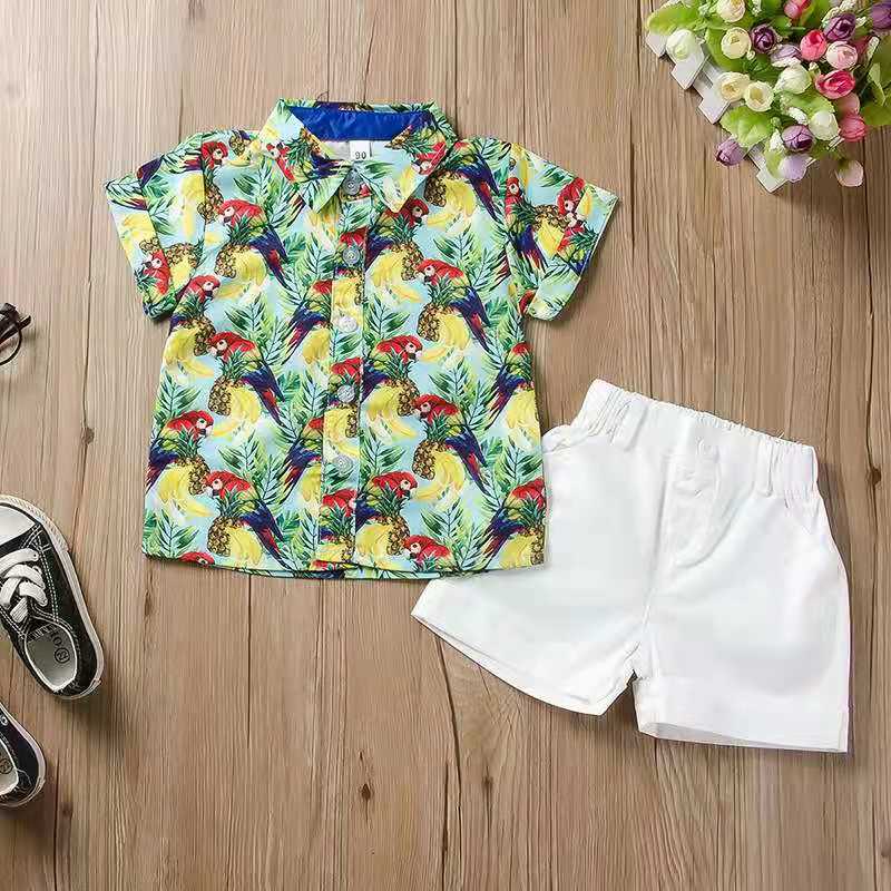 D-baby Casual Set Toddler Kids Boys Plant Printing Shirt Tops+Shorts 2PCS Set