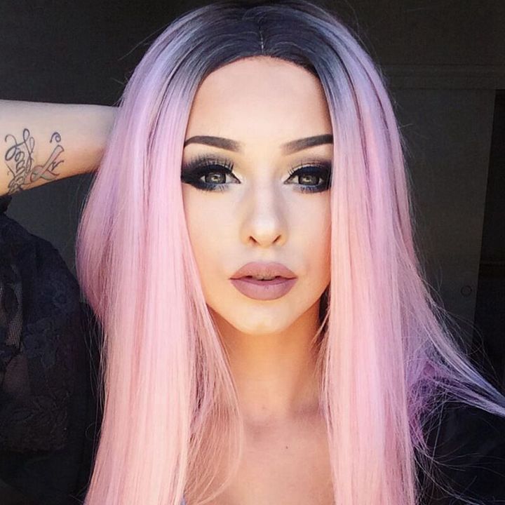 MIBO Women&apos;s Long Straight Hair Black Gradual Change to Light Pink Wig Headset