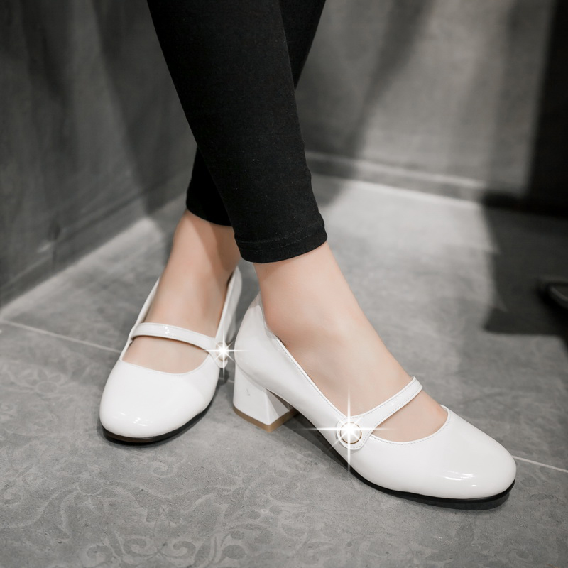 MIBO Women’s Patent Leather Mary Janes Chunky Mid Heel Pumps with Strap Gift Shoes for Girls Teens