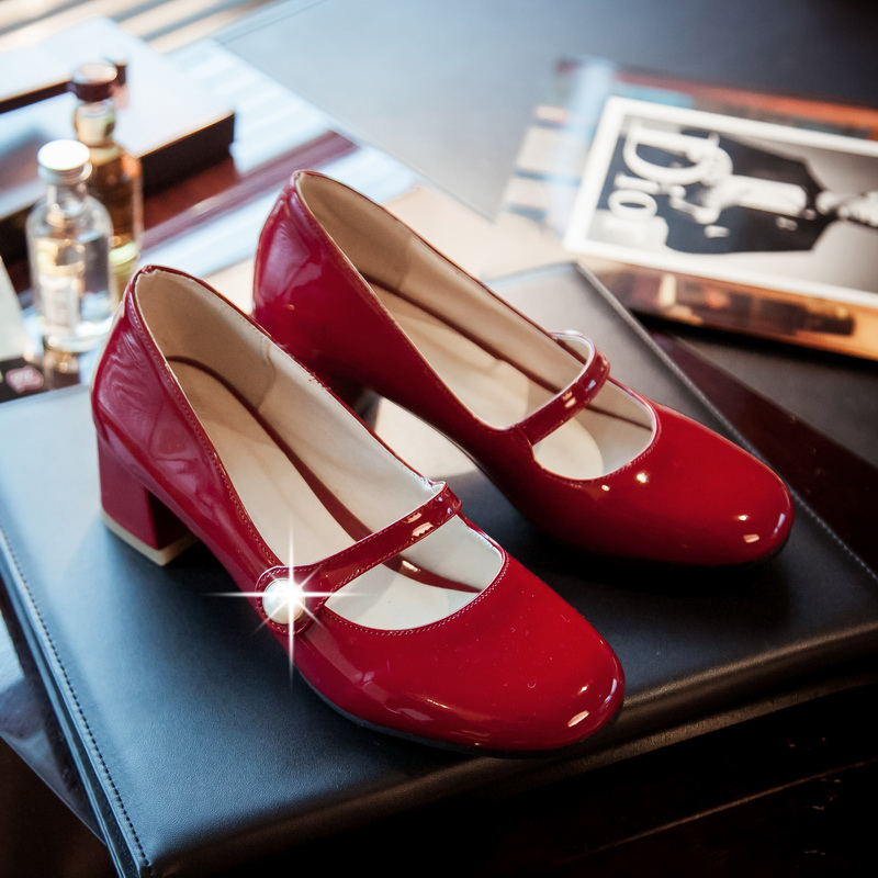 MIBO Women’s Patent Leather Mary Janes Chunky Mid Heel Pumps with Strap Gift Shoes for Girls Teens