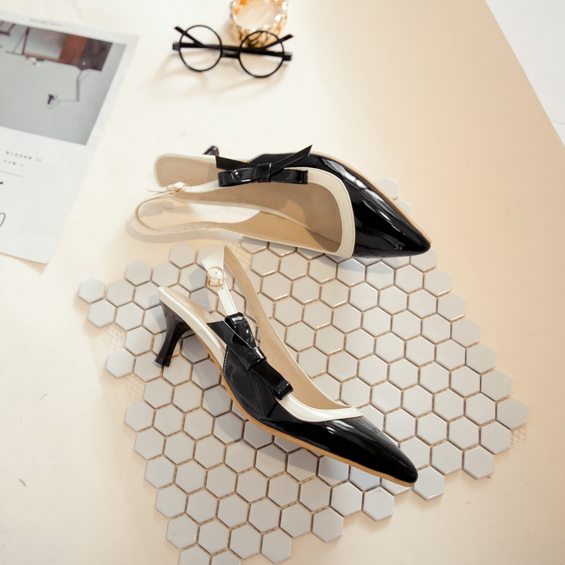 MIBO Women's Summer Patent Leather High Heeled Close-toe Sandal Shoes  with Bow Ankle Strap