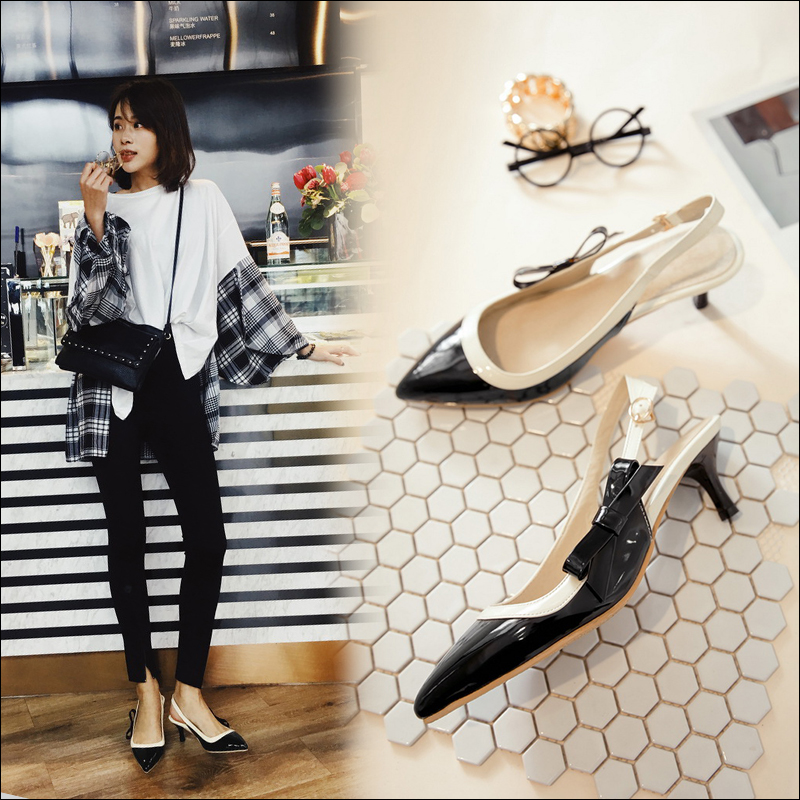 MIBO Women's Summer Patent Leather High Heeled Close-toe Sandal Shoes  with Bow Ankle Strap