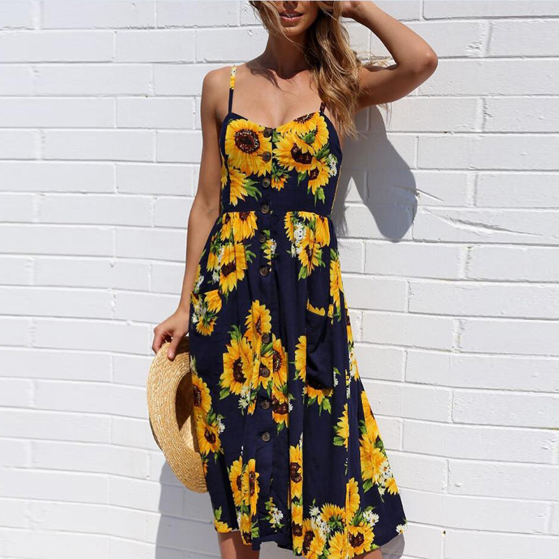 MIBO 2019 New Summer Sunflower Pineapple Pattern Printing Sexy Dress Multi Color