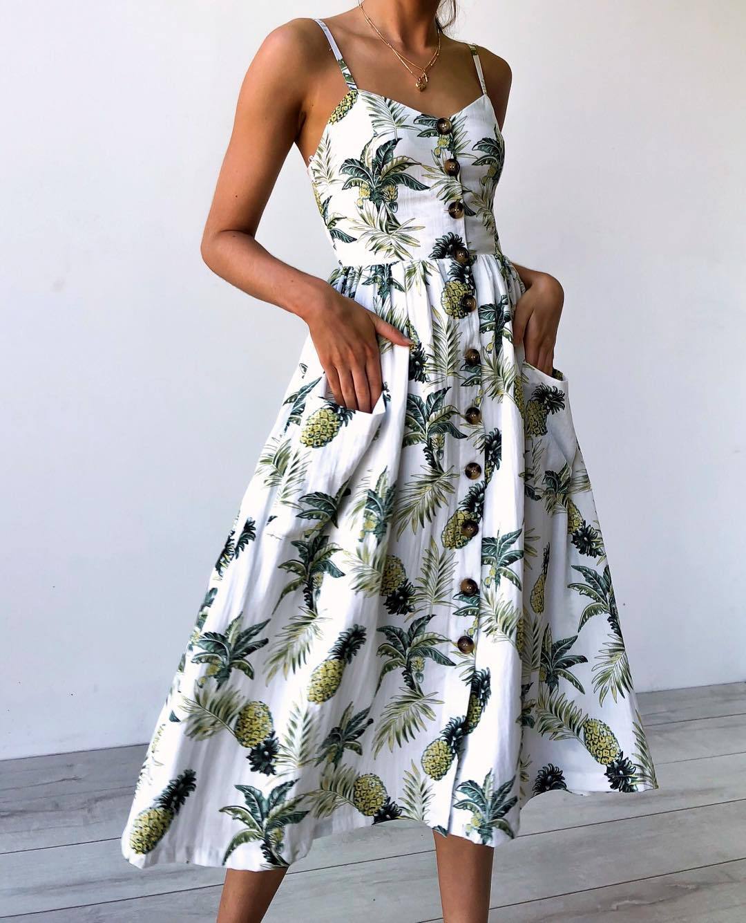 MIBO 2019 New Summer Sunflower Pineapple Pattern Printing Sexy Dress Multi Color