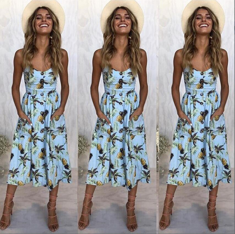 MIBO 2019 New Summer Sunflower Pineapple Pattern Printing Sexy Dress Multi Color