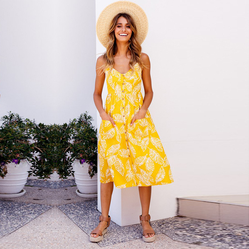 MIBO 2019 New Summer Sunflower Pineapple Pattern Printing Sexy Dress Multi Color