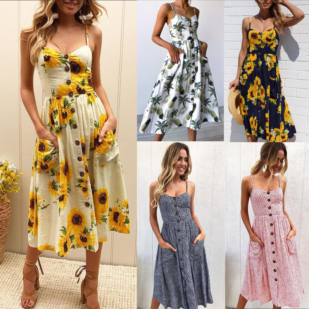 MIBO 2019 New Summer Sunflower Pineapple Pattern Printing Sexy Dress Multi Color
