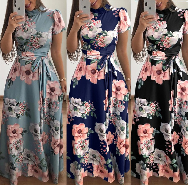 MIBO Women Fashion Floral Dress Spandex Lace Up Short Sleeve Milk Silk High Waist Large Size Dresses