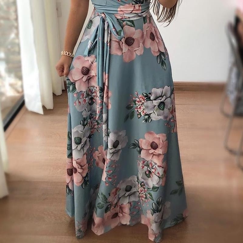 MIBO Women Fashion Floral Dress Spandex Lace Up Short Sleeve Milk Silk High Waist Large Size Dresses