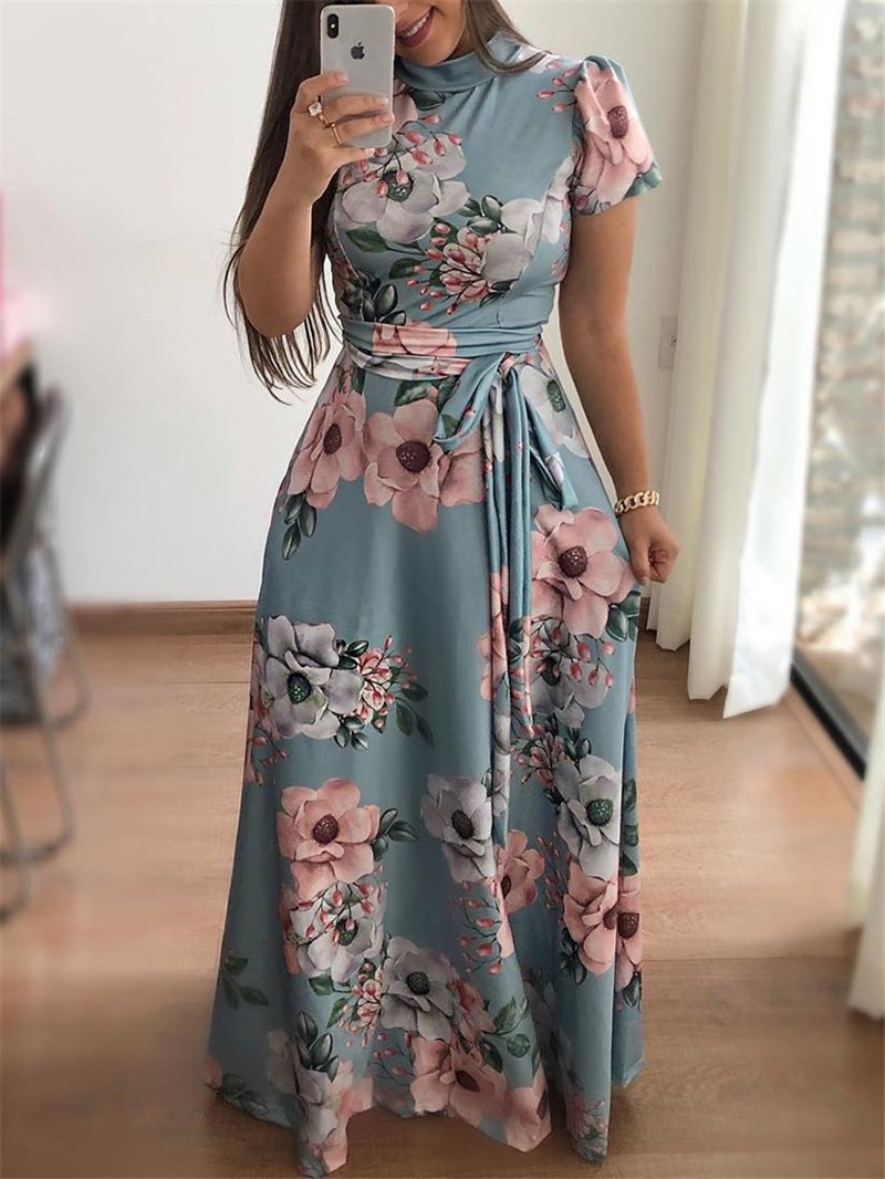 MIBO Women Fashion Floral Dress Spandex Lace Up Short Sleeve Milk Silk High Waist Large Size Dresses