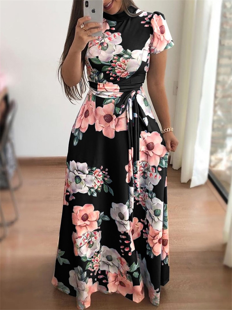 MIBO Women Fashion Floral Dress Spandex Lace Up Short Sleeve Milk Silk High Waist Large Size Dresses
