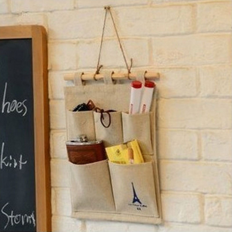 MIBO Cotton and Hemp Tower Storage 5 Pocket Hanging Bag Wall-mounted Bag Fabric Clutter Storage