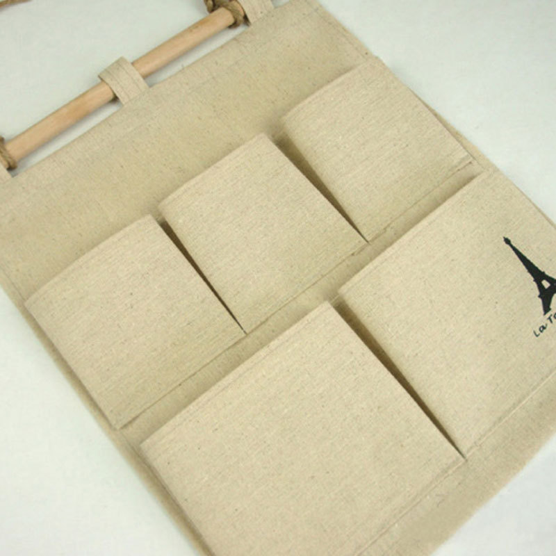 MIBO Cotton and Hemp Tower Storage 5 Pocket Hanging Bag Wall-mounted Bag Fabric Clutter Storage