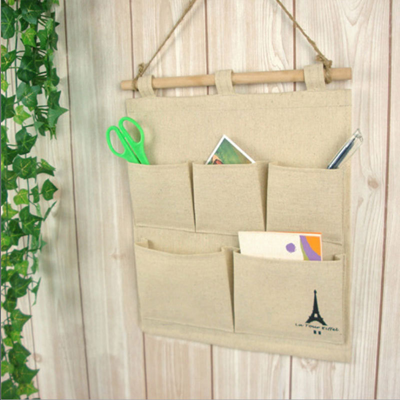 MIBO Cotton and Hemp Tower Storage 5 Pocket Hanging Bag Wall-mounted Bag Fabric Clutter Storage