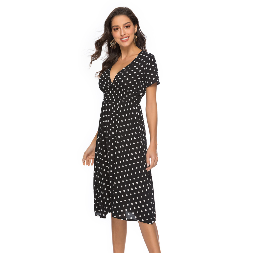 MiBo 2019 New Beach Skirt Printed V-collar Short Sleeve Dress Bohemian Skirt