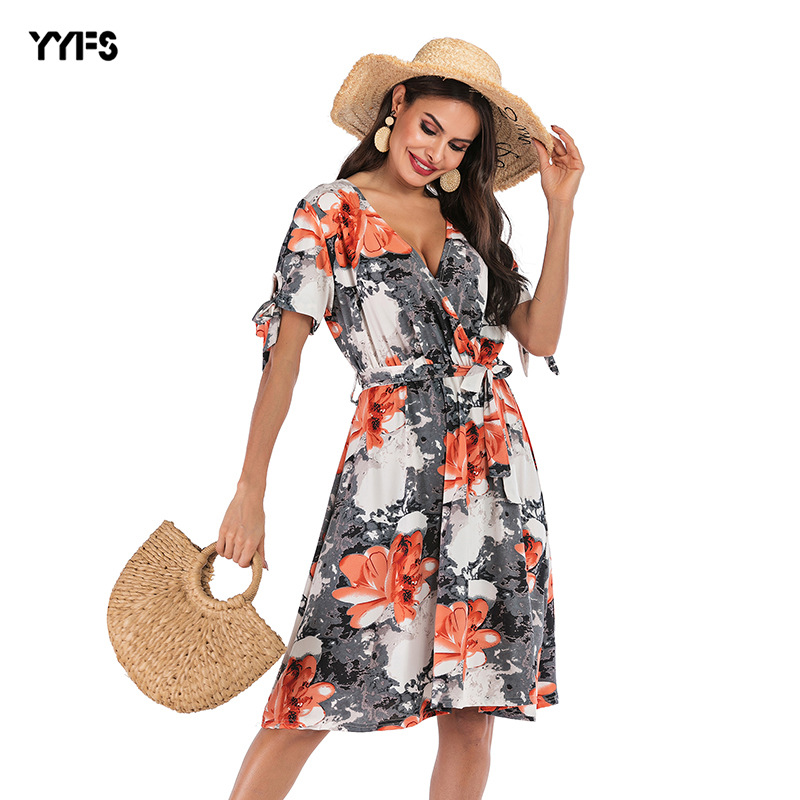 MIBO New European and American Women's V-neck Floral Slim Temperament Commuter Dress Woman