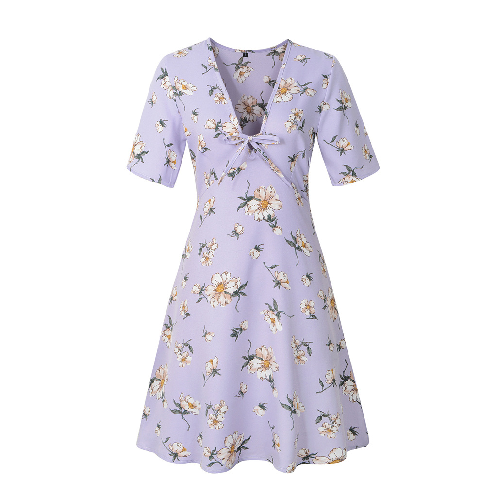 MIBO Spring and Summer 2019 New V-collar Printed European and American Sexy Dresses Short Sleeves