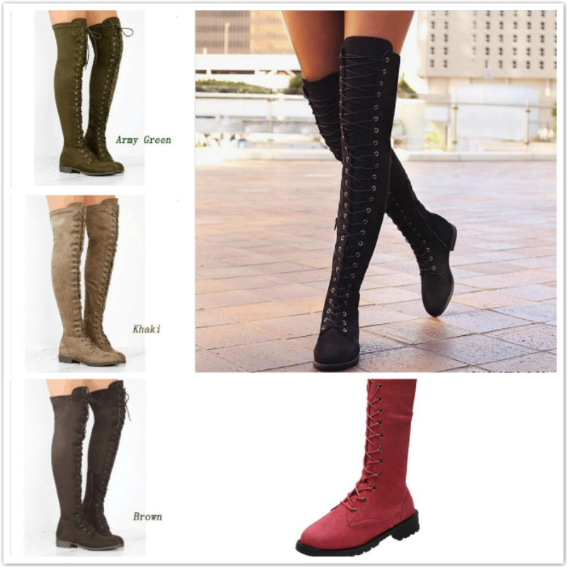 Women's large lace up Knights boots women's boots front lace up knee low heel barefoot boots