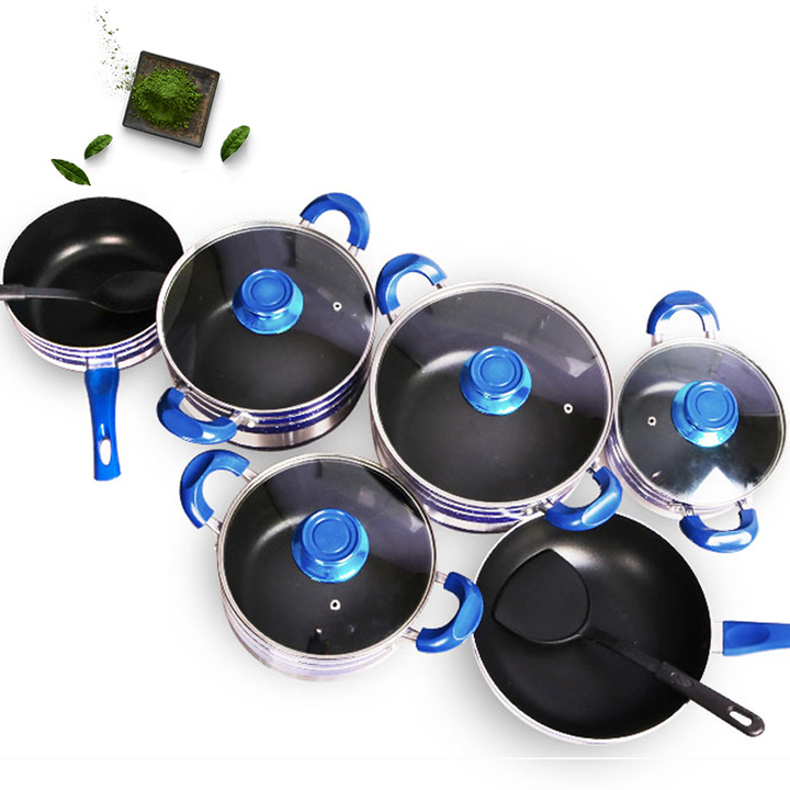 【HOT!】Sundabests 10pcs Cooking Pot ( 4pcs sauce pot with glass cover +1pcs sauce pan+1 pcs wok) Non-stick Cookware Set sufuria