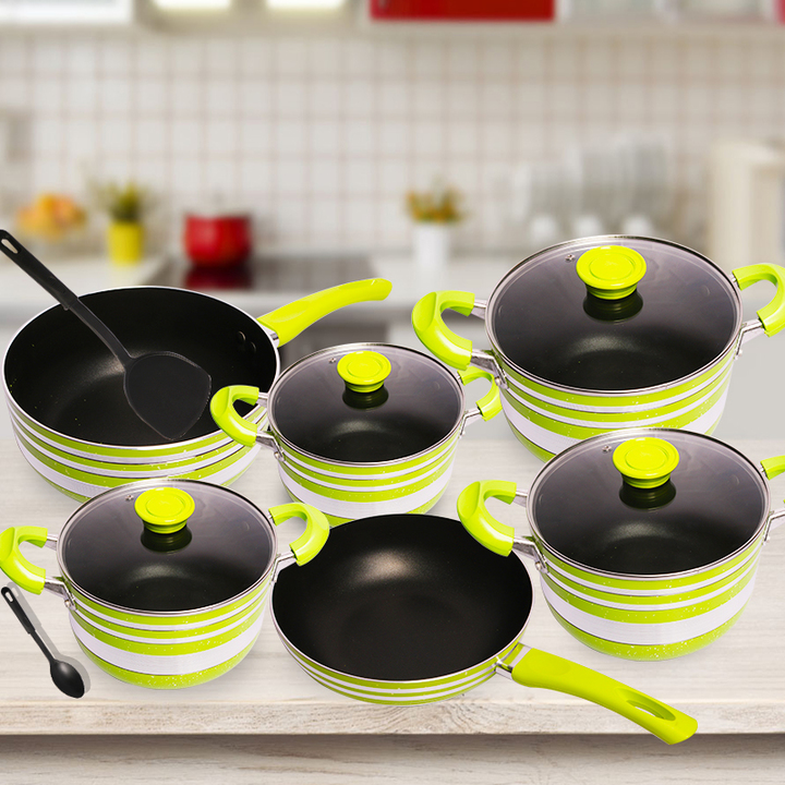 【HOT!】Sundabests 10pcs Cooking Pot ( 4pcs sauce pot with glass cover +1pcs sauce pan+1 pcs wok) Non-stick Cookware Set sufuria