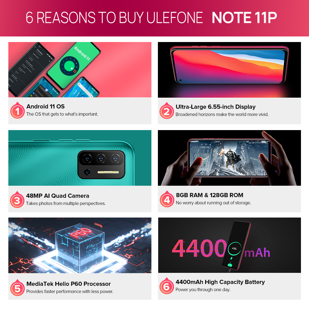 Ulefone Note 11P, 6.55", 8GB RAM + 128GB (Dual SIM), Android 11 48MP Quad Camera Face Unlock+Fingerprint 4400mAh 4G Phone