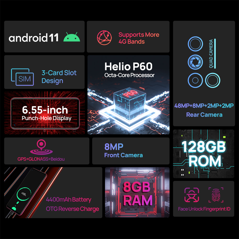 Ulefone Note 11P, 6.55", 8GB RAM + 128GB (Dual SIM), Android 11 48MP Quad Camera Face Unlock+Fingerprint 4400mAh 4G Phone