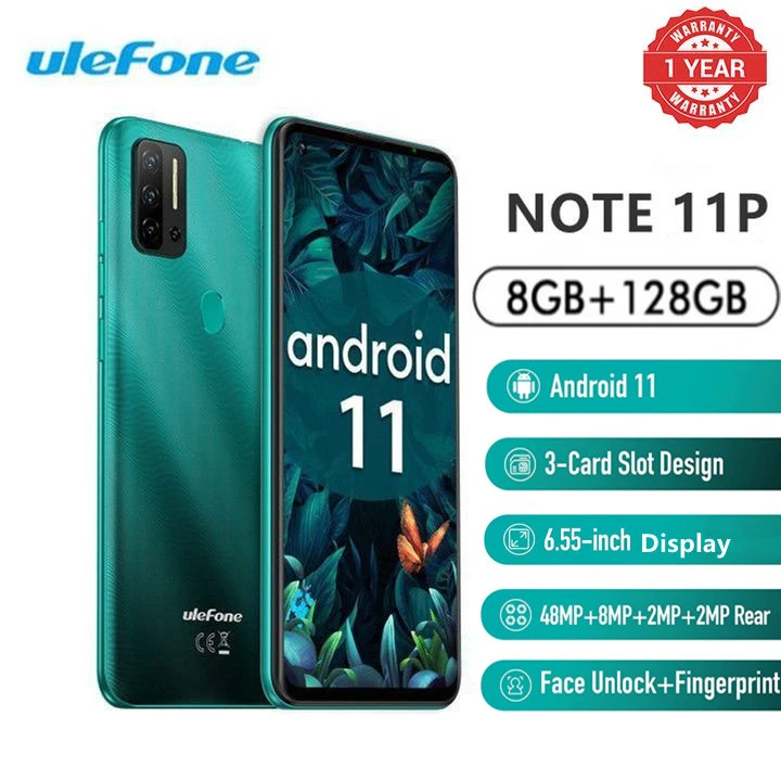 Ulefone Note 11P, 6.55", 8GB RAM + 128GB (Dual SIM), Android 11 48MP Quad Camera Face Unlock+Fingerprint 4400mAh 4G Phone