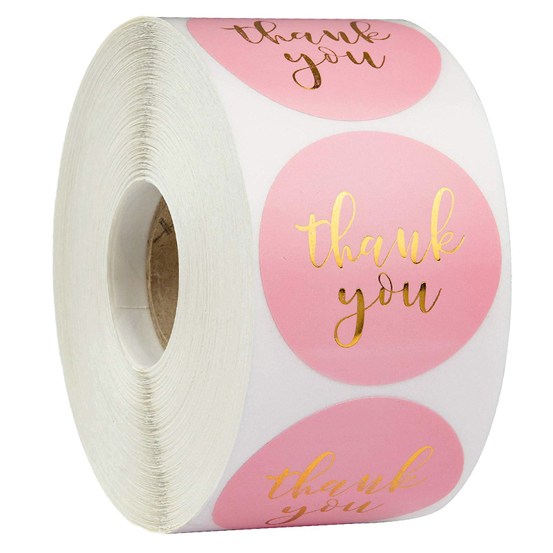 Roll Pink Thank You Labels Gold Stamping Adhesive Paper Stickers for Small Business Order Packaging