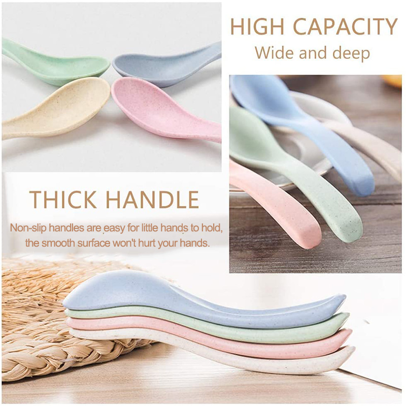 Kitchen Meal Cutlery Set Chinese WonTon Soup Spoon Wheat Straw Plastic Spoons for Baby Kids Adults