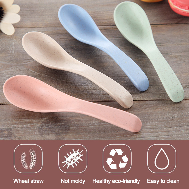 Kitchen Meal Cutlery Set Chinese WonTon Soup Spoon Wheat Straw Plastic Spoons for Baby Kids Adults