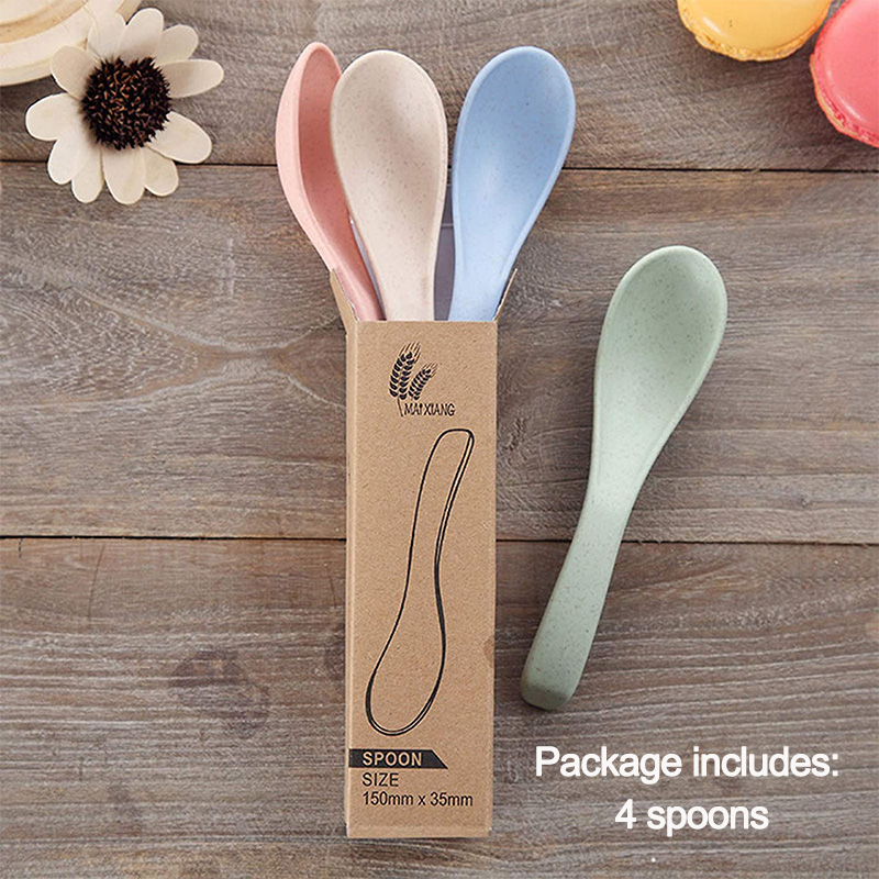 Kitchen Meal Cutlery Set Chinese WonTon Soup Spoon Wheat Straw Plastic Spoons for Baby Kids Adults