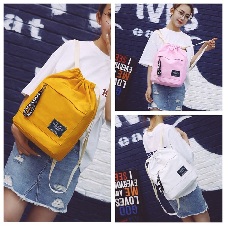 Women's Canvas Backpack Shoulder Bag Bucket Bag With String