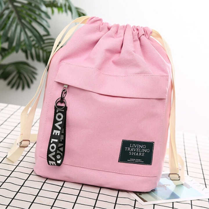 Women's Canvas Backpack Shoulder Bag Bucket Bag With String