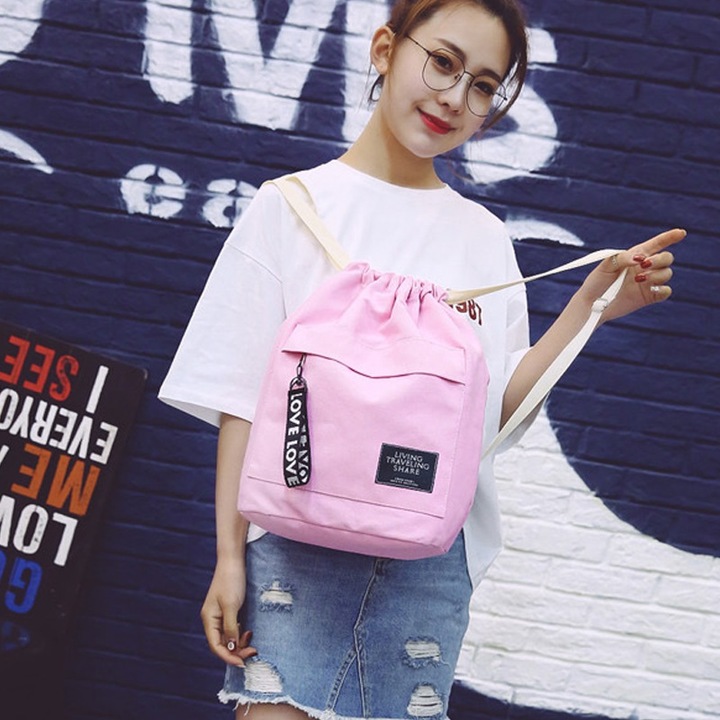 Women's Canvas Backpack Shoulder Bag Bucket Bag With String