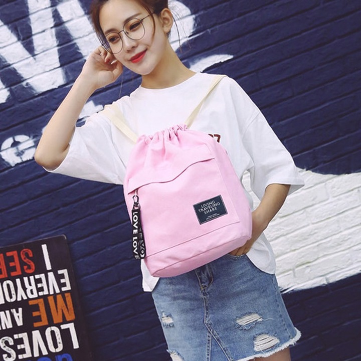 Women's Canvas Backpack Shoulder Bag Bucket Bag With String