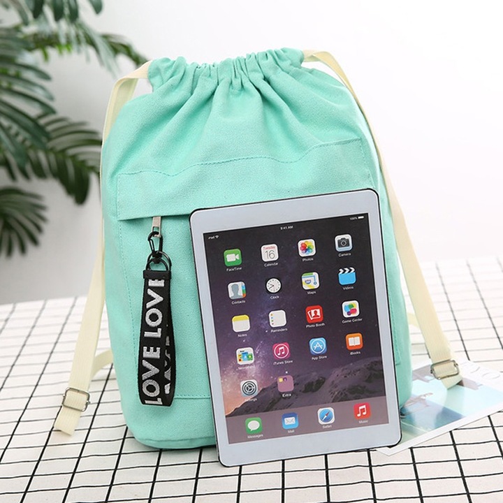 Women's Canvas Backpack Shoulder Bag Bucket Bag With String