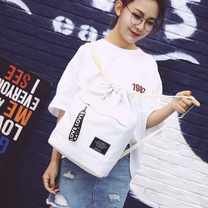 Women's Canvas Backpack Shoulder Bag Bucket Bag With String
