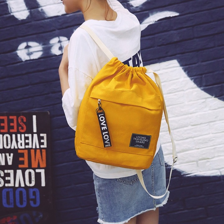 Women's Canvas Backpack Shoulder Bag Bucket Bag With String