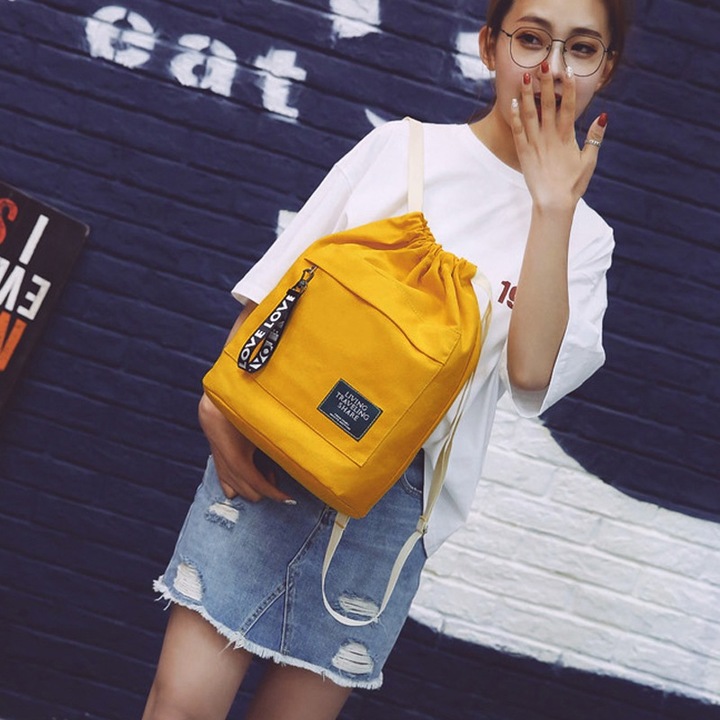 Women's Canvas Backpack Shoulder Bag Bucket Bag With String