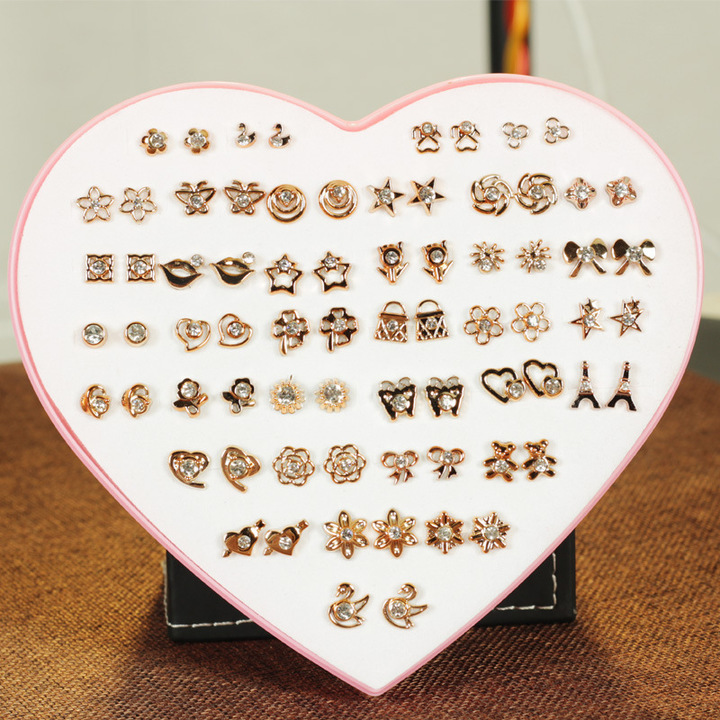 36 Pair Hypoallergenic Rhinestone Plastic Boxed Mini Earrings Temperament Earrings Set