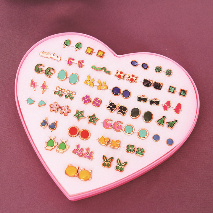 36 Pair Hypoallergenic Rhinestone Plastic Boxed Mini Earrings Temperament Earrings Set