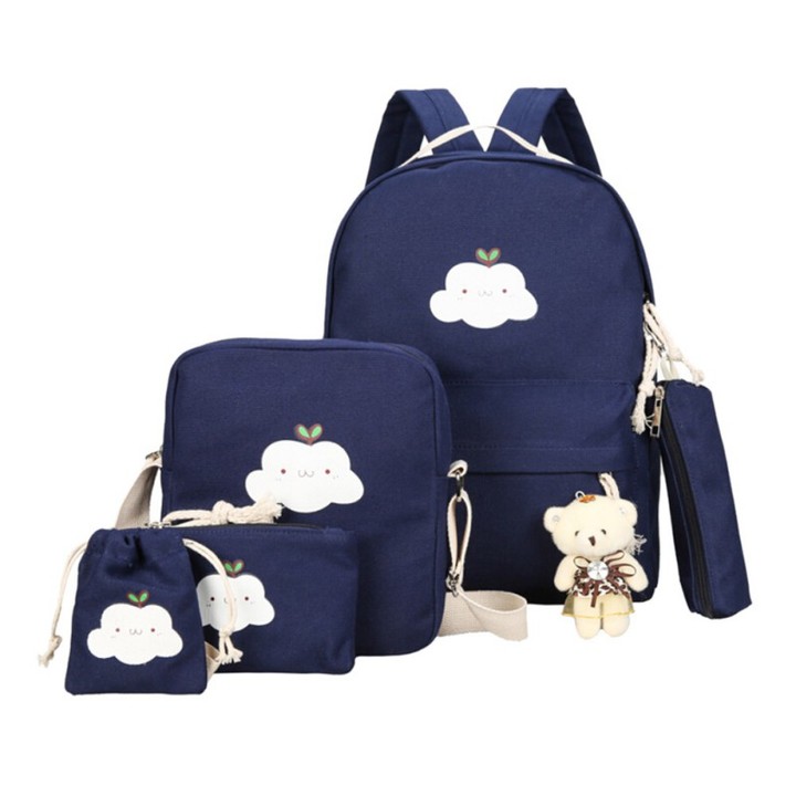 6 Pcs/Set Fashion Women Canvas Backpack Cloud Printed Shoulder Bags Pencil Case Girl School Bag