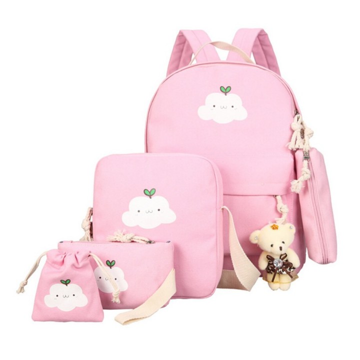 6 Pcs/Set Fashion Women Canvas Backpack Cloud Printed Shoulder Bags Pencil Case Girl School Bag