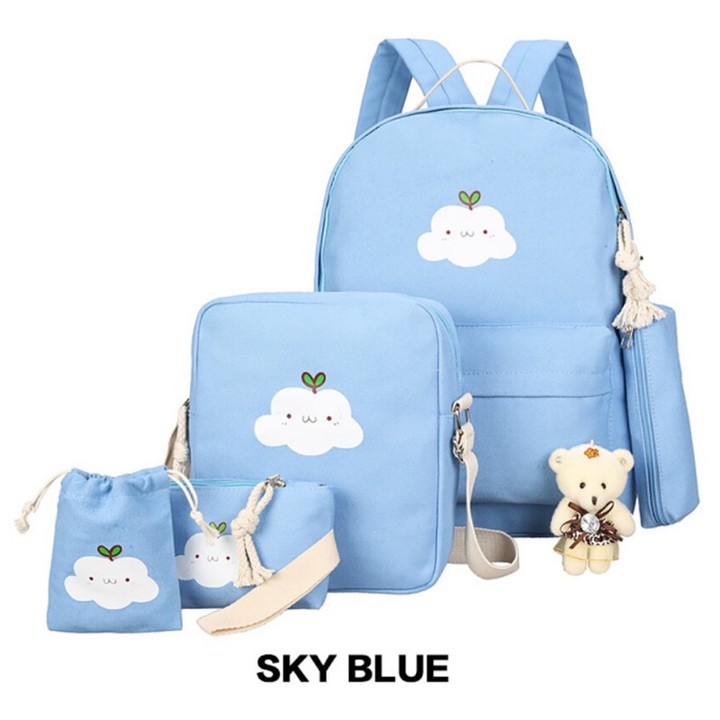 6 Pcs/Set Fashion Women Canvas Backpack Cloud Printed Shoulder Bags Pencil Case Girl School Bag